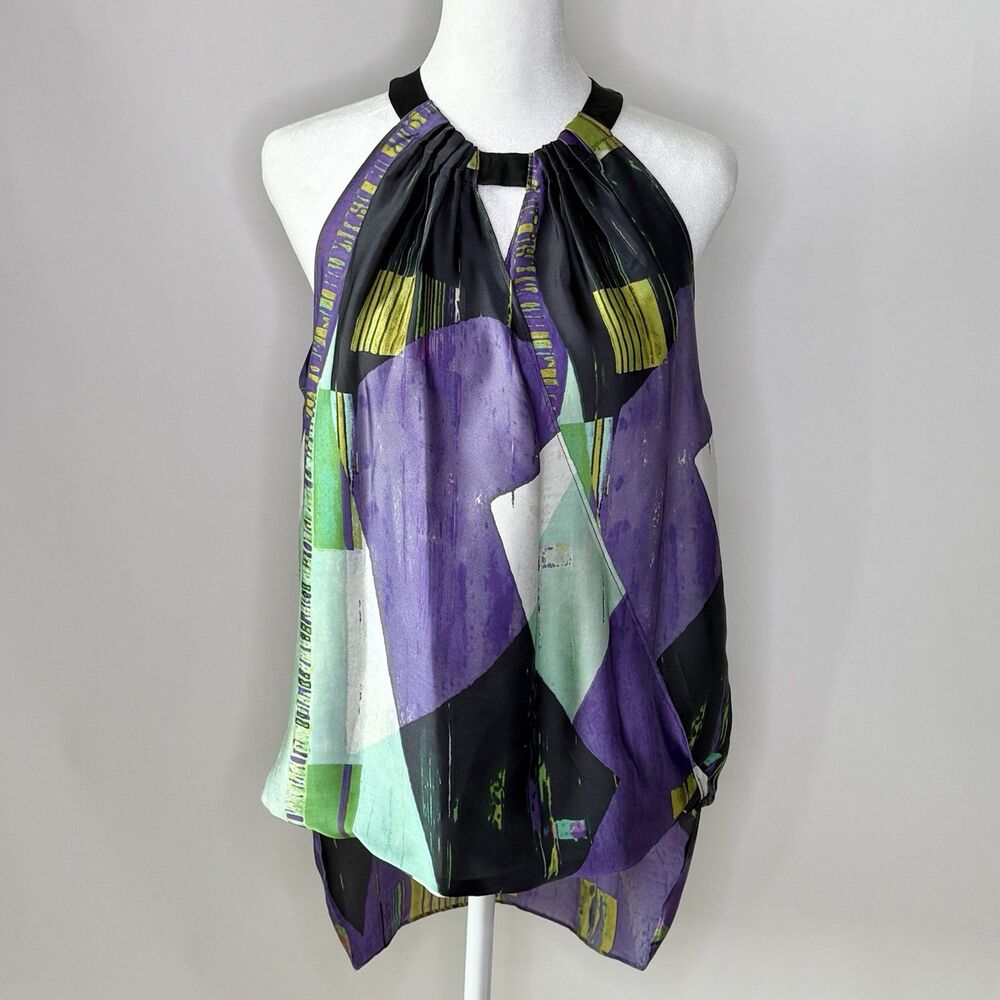 KENNETH COLE Sleeveless Choker Collar Tank Shirt Womens M Purple Abstract Modern